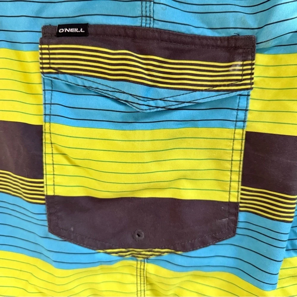 O'Neill Men's Blue and Green Striped Board Shorts Size 38